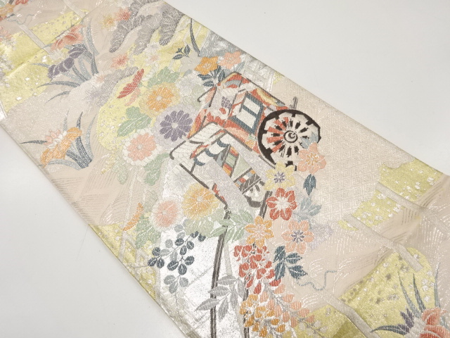 アンティーク　佐賀錦御所車に藤・菊・菖蒲模様織出し袋帯（材料）